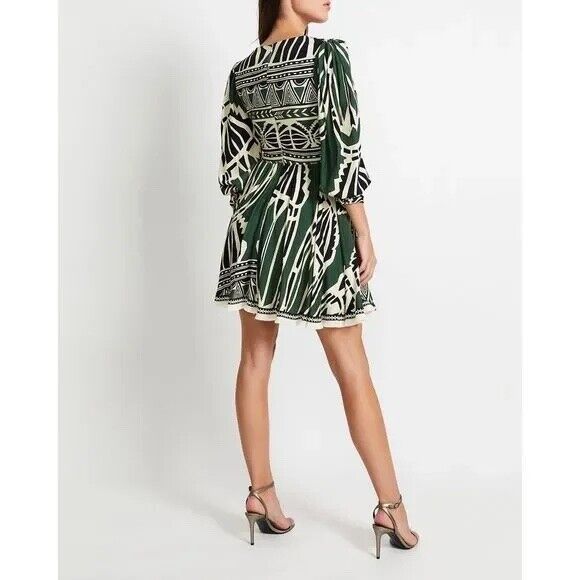 PatBO Dress Size 0 V-Neck Fit Flare Fringe Trim Emerald Green Ivory Print - Picture 4 of 16